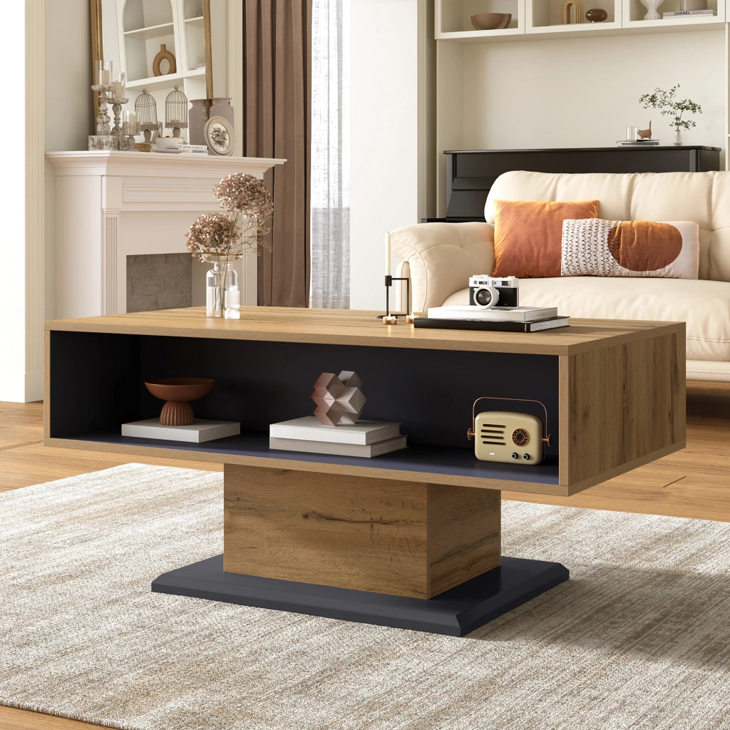 OKWISH Tavolino da Caffè Moderno con Vani su Due Lati e Scomparto Interno, per Soggiorno, Grigio Rovere, 100 x 50 x 46,5 cm