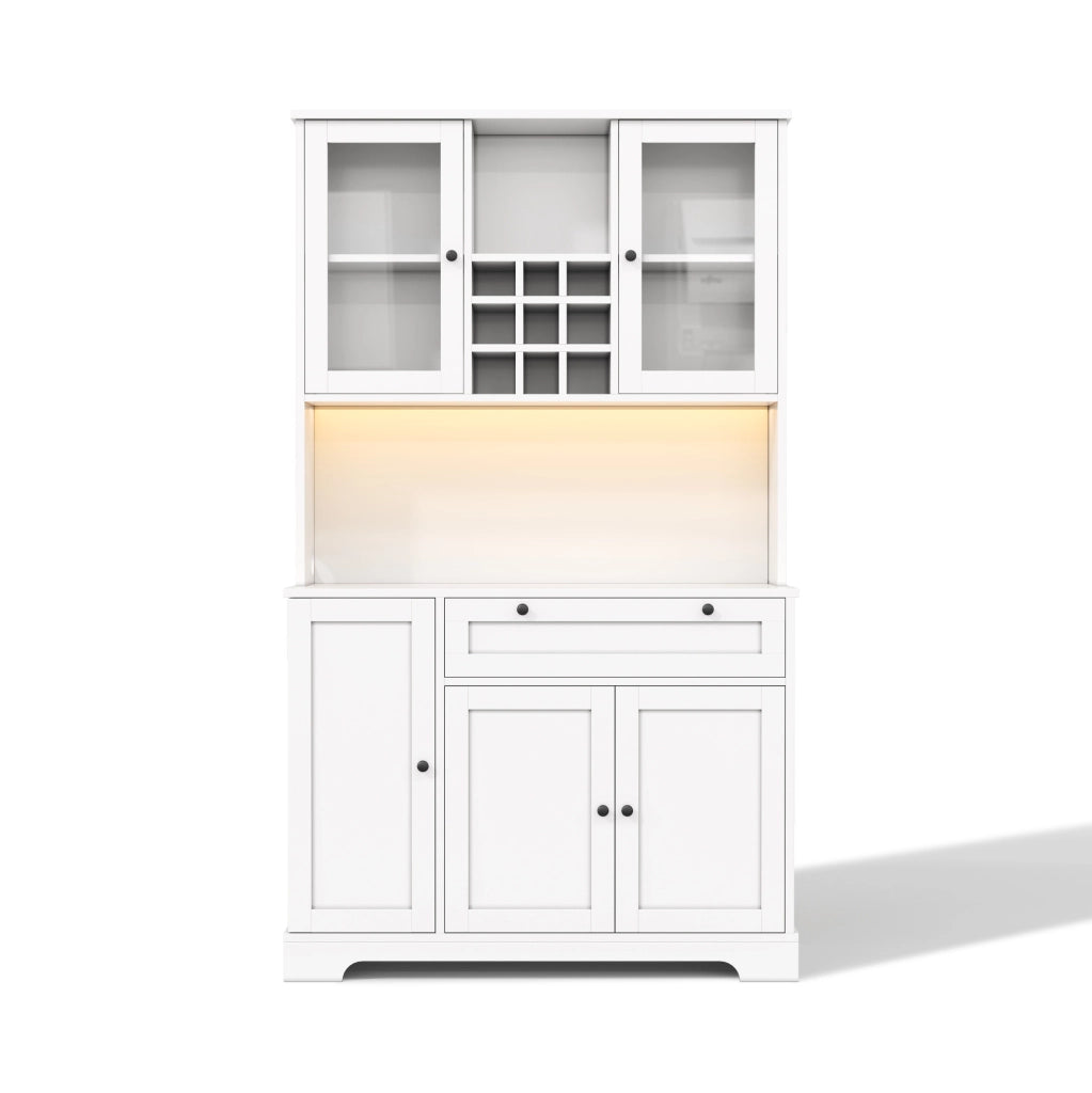 Mobile buffet con LED a cambio colore, ripiani regolabili, prese integrate, 180x105x40 cm, bianco e vetro temperato