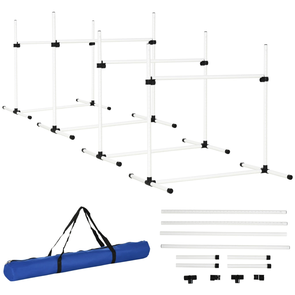 Set di 4 Ostacoli Agility Dog per Addestramento Cani ad Altezza Regolabile con Borsa da Trasporto Inclusa, 99x65x94cm, Bianco