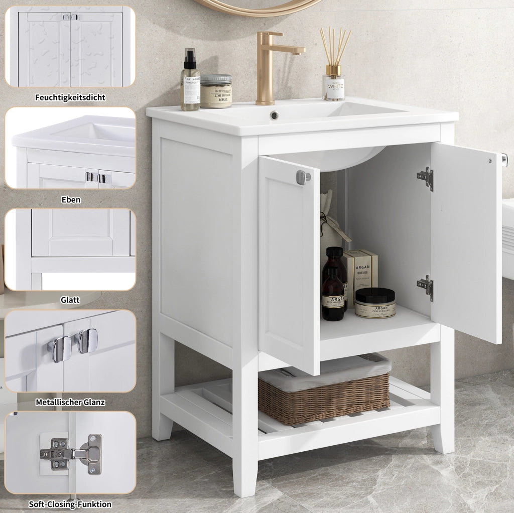 Mobile bagno a pavimento con lavabo in ceramica; bianco; legno massello e MDF