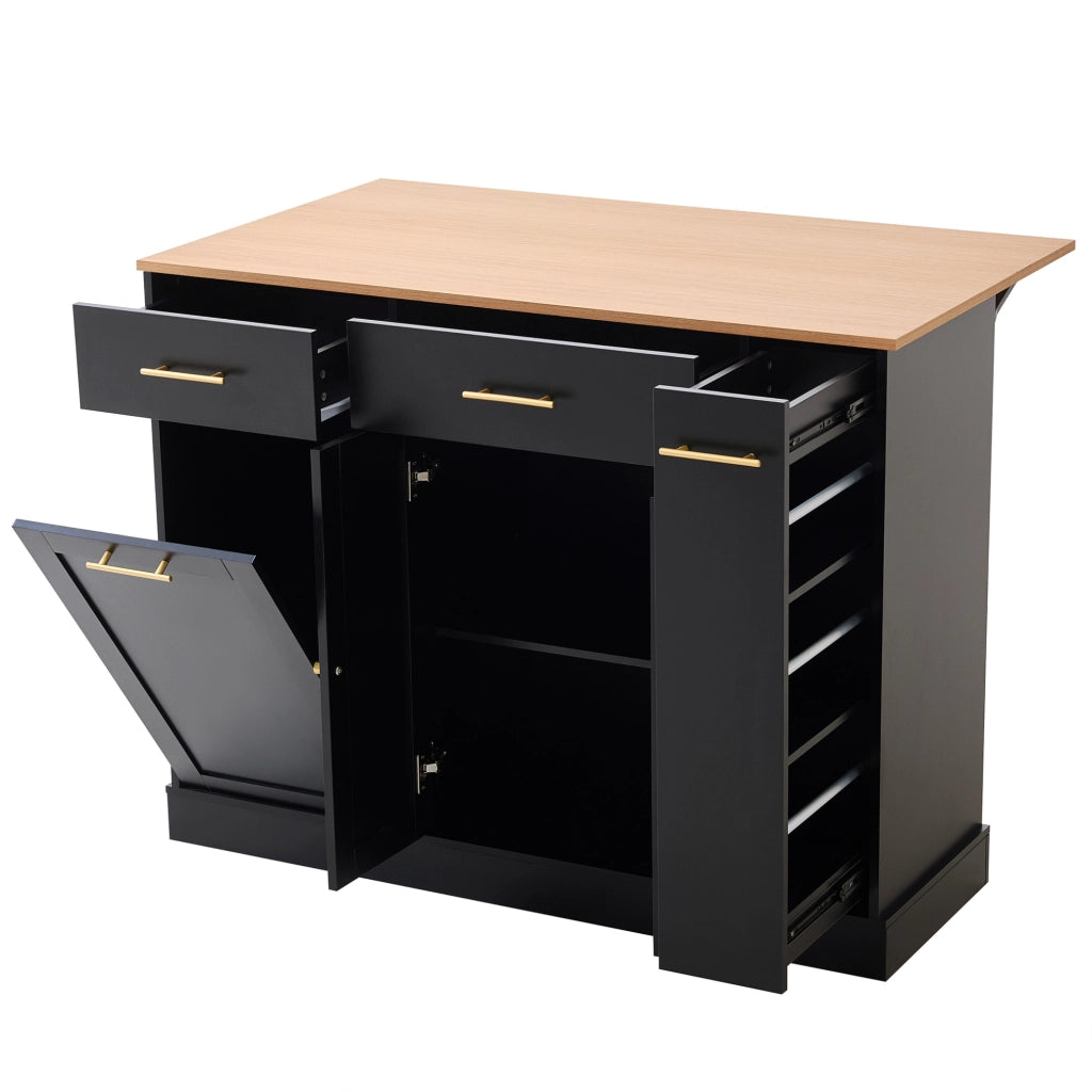 Isola da cucina con piano pieghevole 120 cm, armadietto nero con spazio per pattumiera, ripiano laterale estraibile e 3 cassetti