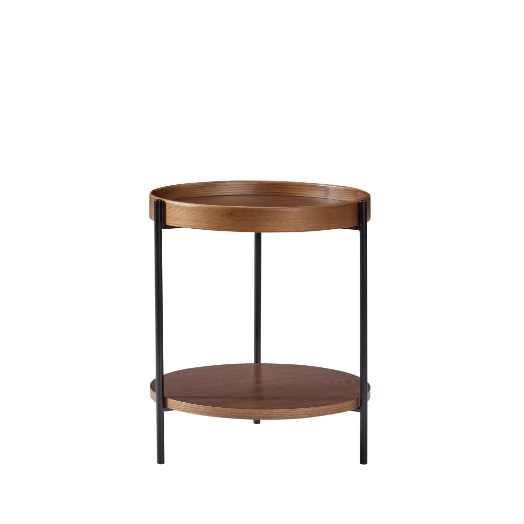 Tavolino basso fisso a due ripiani rotondi in legno e MDF color noce con struttura in ferro nero