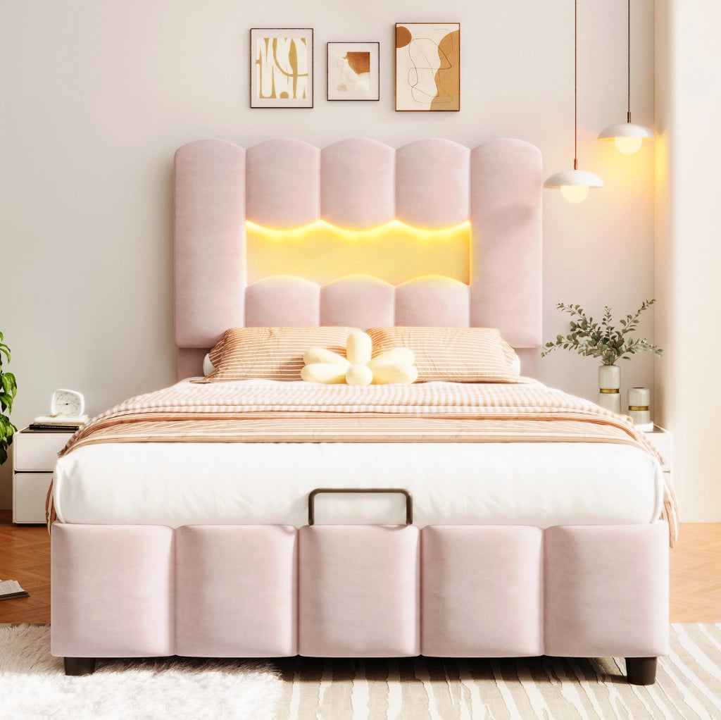 Letto singolo 90x200 cm con contenitore idraulico e LED in velluto rosa