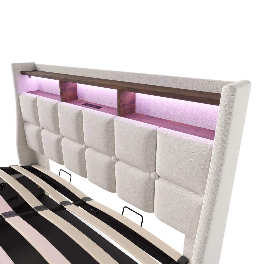 Letto imbottito 140x200 cm con LED, USB e contenitore
