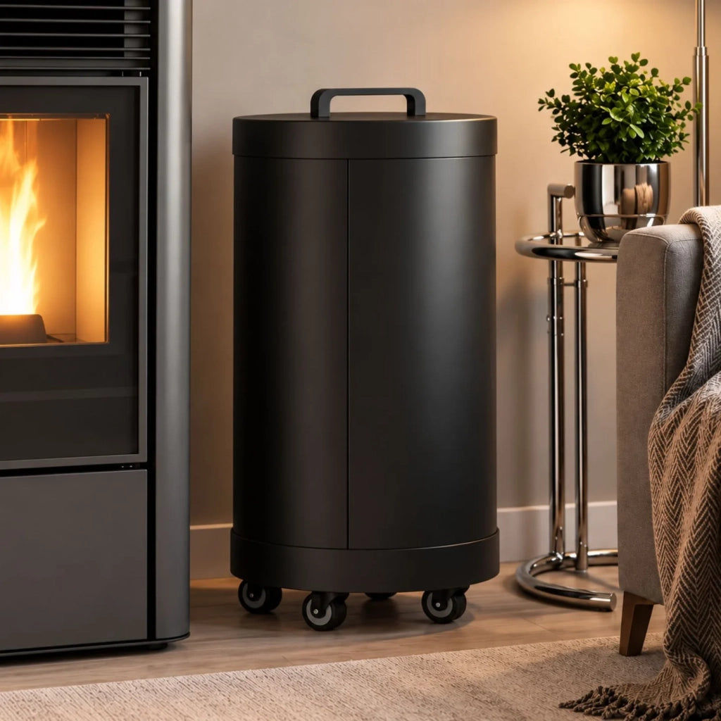 IDMarket - Contenitore rotondo per pellet 30 KG nero 4 scomparti staccabili con beccuccio stoccaggio pellet 35 x 35 x 53,5 cm