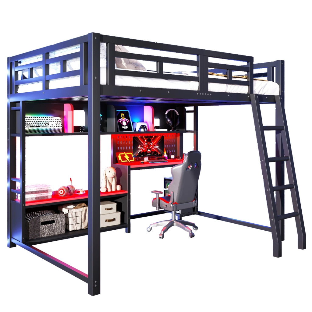 Letto a soppalco 140x200 in metallo con scrivania e LED RGB; nero