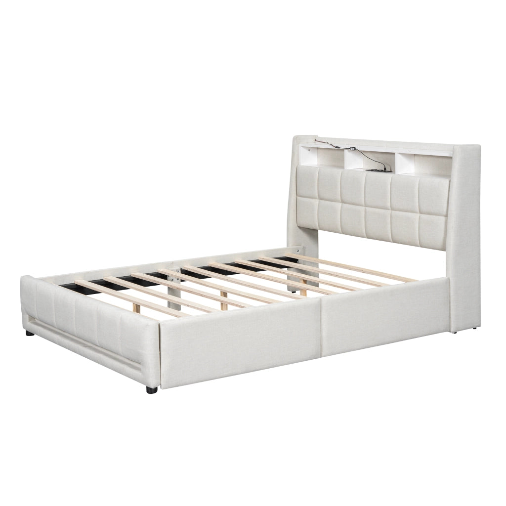 Letto Imbottito 140x200 cm in lino con Cassetti; LED; USB-C Beige