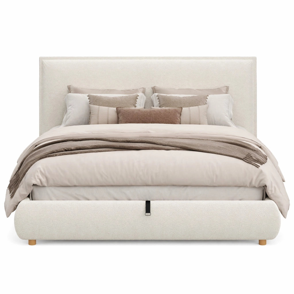 Letto matrimoniale 180x200 cm in bouclé bianco con contenitore idraulico; testiera imbottita e rete a doghe
