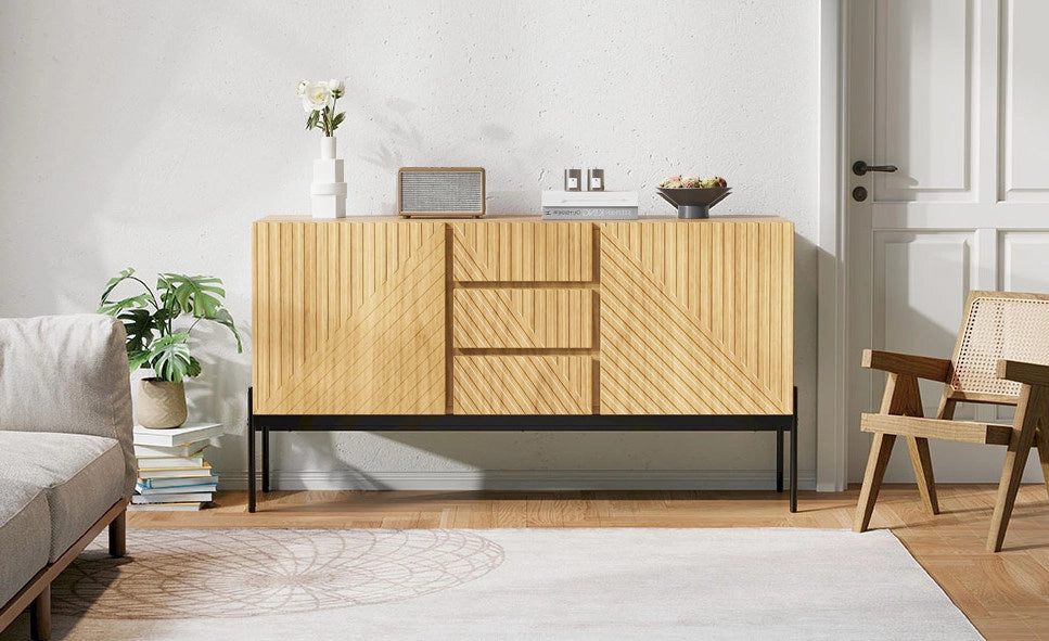 Credenza con 2 ante e 3 cassetti, gambe in metallo, mobile TV, buffet con design a linee, dimensioni H75 x L140 x P40 cm, colore naturale