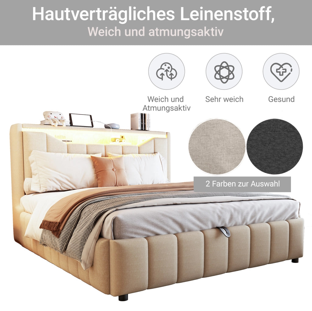 Letto imbottito contenitore 140 x 200 cm beige con LED, porte USB e USB-C