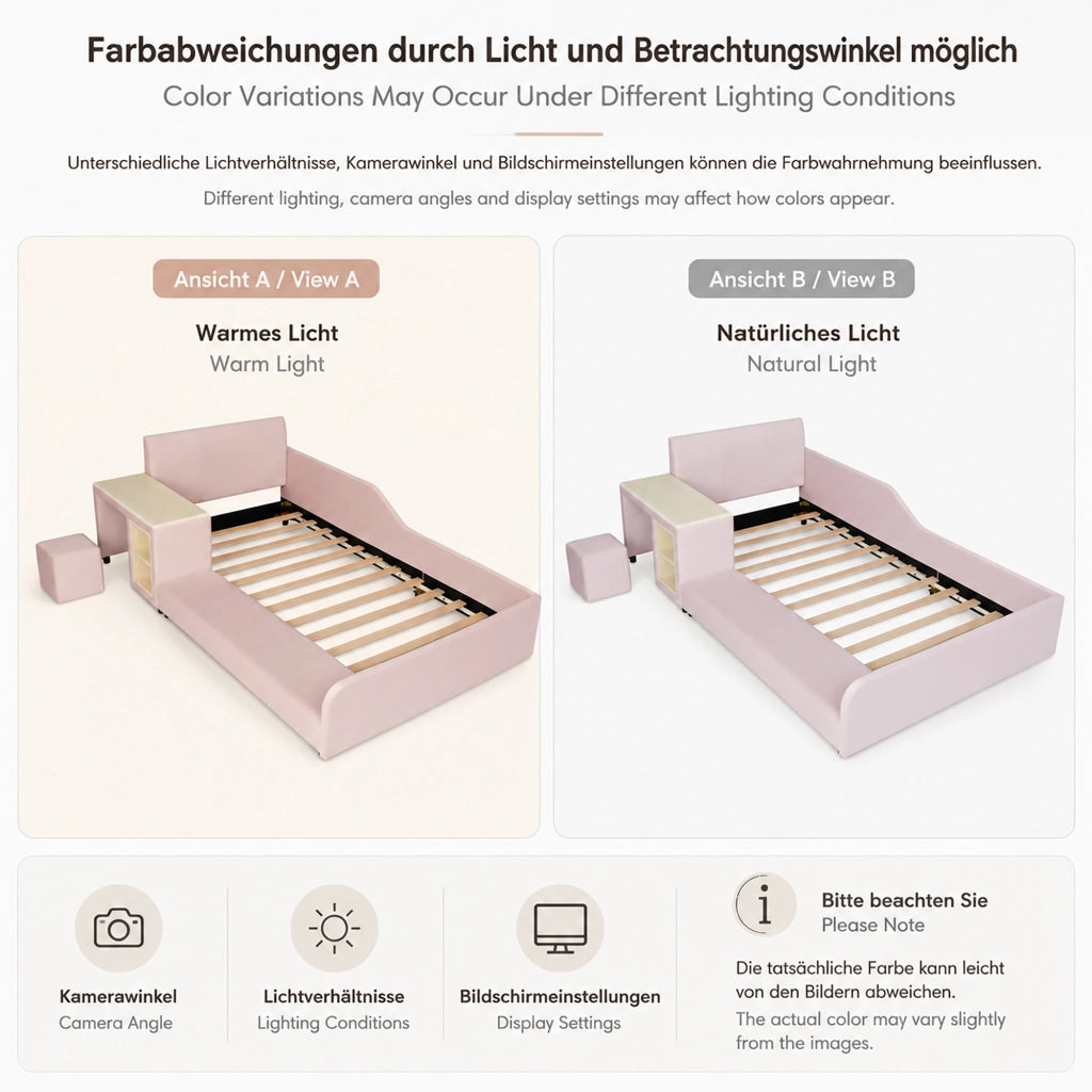 Letto singolo 90 × 200 cm con scrivania sgabello e ripiano testiera imbottita in velluto rosa con rete a doghe
