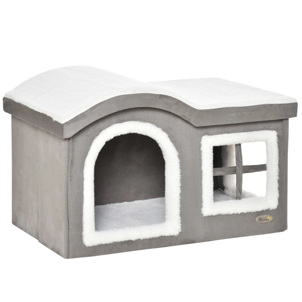 Casetta per Gatti da Interno con 2 Entrate e Finestra, Cuscino e Base Antiscivolo, 63.5x37x40cm, Grigio