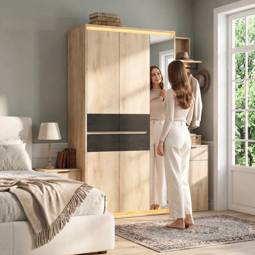 Set guardaroba con specchio e 3 luci LED; 155 ¡Á 47 ¡Á 200 cm; MDF; 5 cassetti