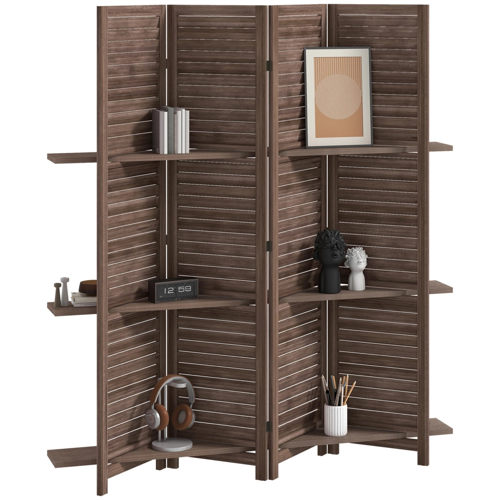 Paravento divisorio pieghevole ¨C Xylo ¨C legno noce 4 pannelli 160x170 cm con 3 ripiani