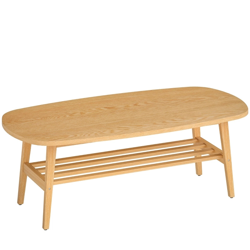 Tavolino basso fisso ovale per soggiorno con ripiano inferiore e finitura legno naturale 120 × 60 × 42 cm