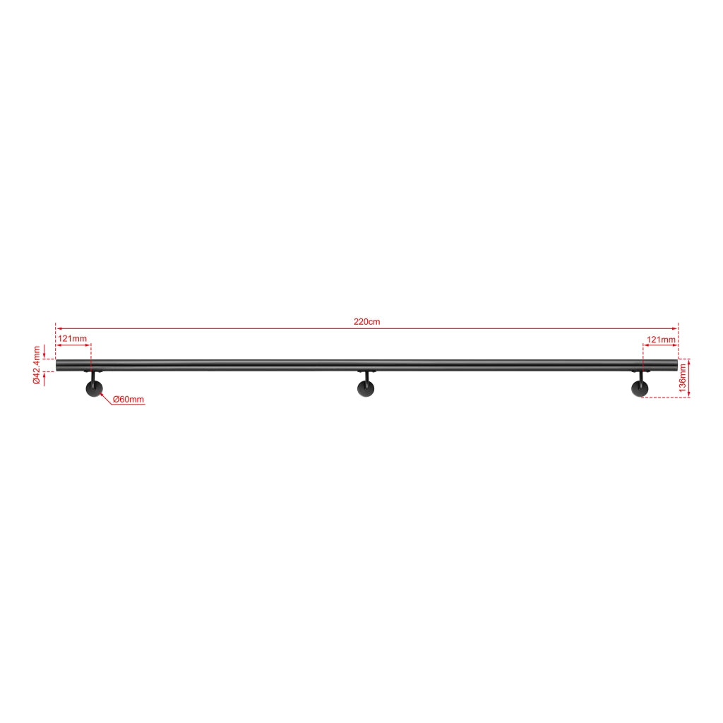 Corrimano a parete in acciaio kit inox AISI 304 nero , Lunghezza 220 cm, Ø 42,4 mm, uso interno ed esterno