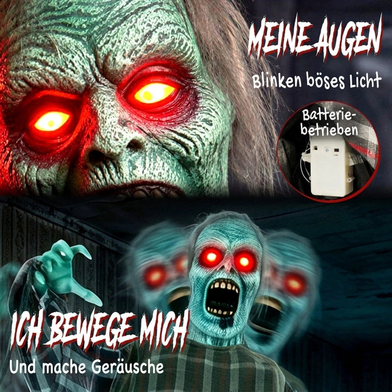 Zombie animato di Halloween alto 170 cm con occhi LED rossi suoni e attivazione tramite suono tatto o vibrazioni a batteria
