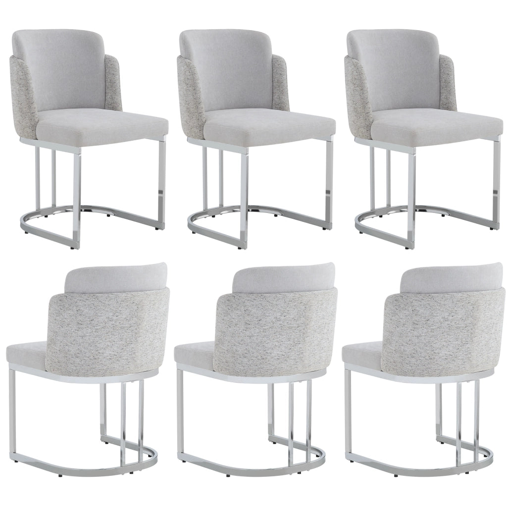 Set da 6 sedie da pranzo moderne con gambe in metallo galvanizzato argento e rivestimento in tessuto Chenille grigio chiaro