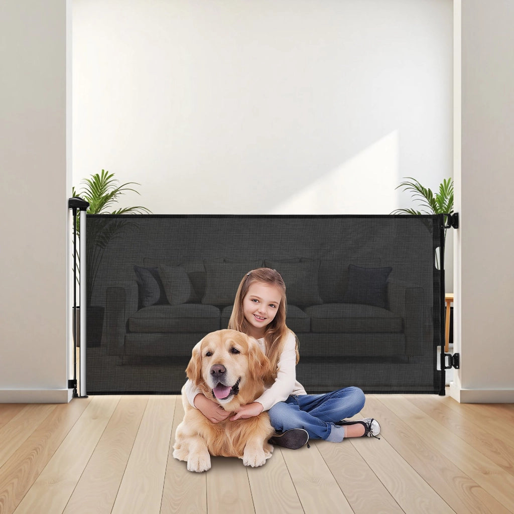 Cancelletto Retrattile per Scale e Cani SH20.006D04B-140, Estensibile Fino a 1430 mm, Altezza 795 mm, con Blocco di Sicurezza, Rete Salvaspazio, Nero