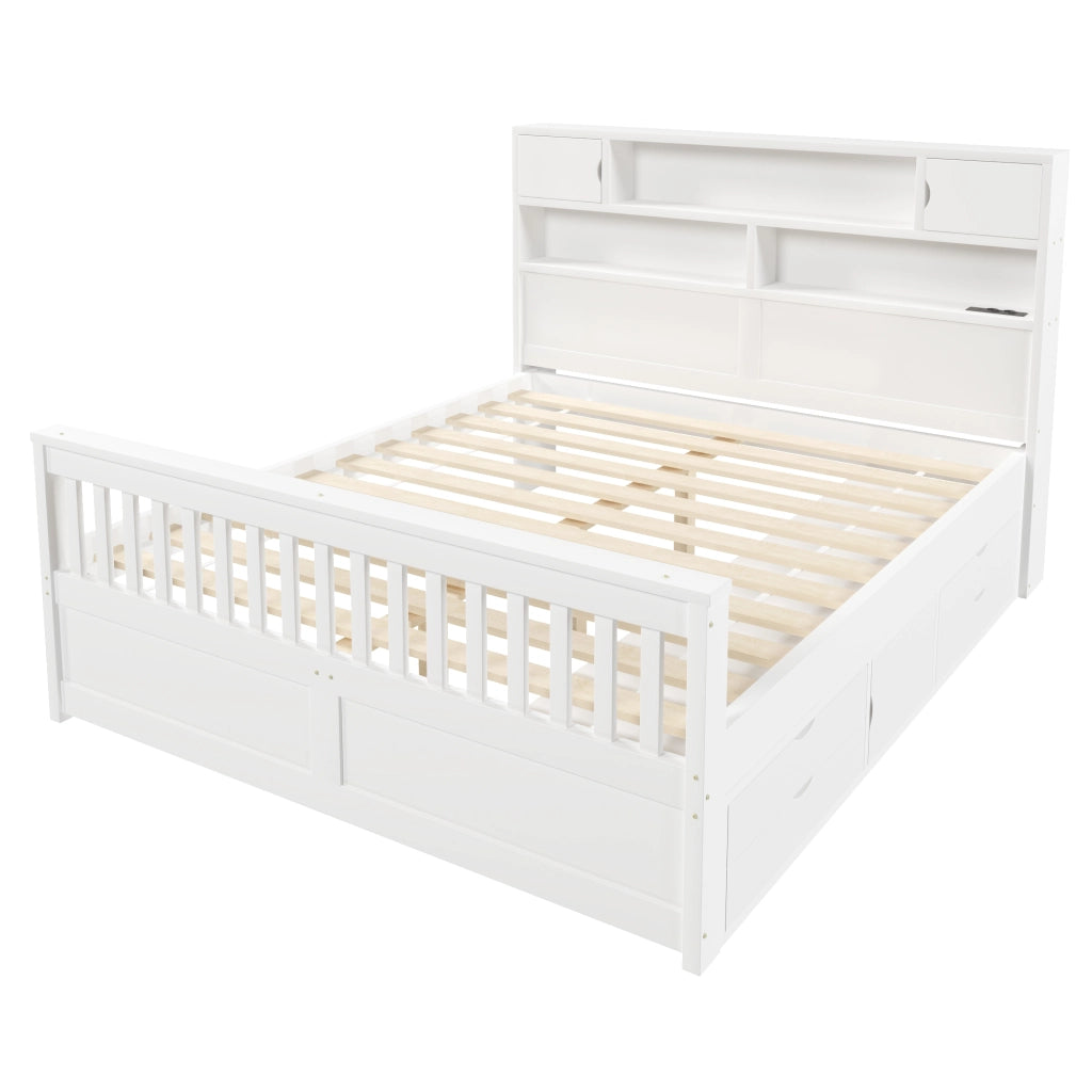 Letto matrimoniale 160x200 cm bianco con ripiani; LED; USB e 4 cassetti