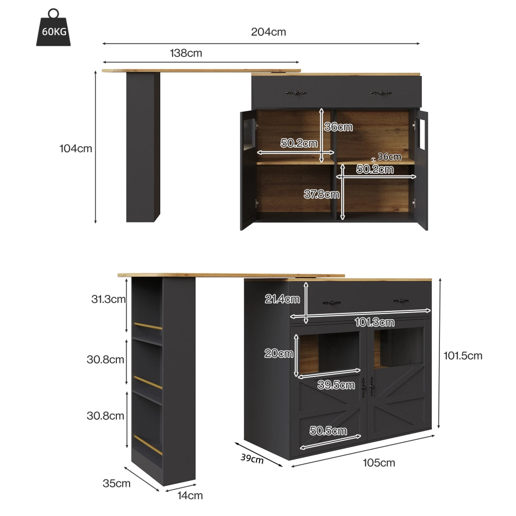 TAVOLO BAR ESTENSIBILE GIREVOLE 138-204x39x104 cm MDF NERO