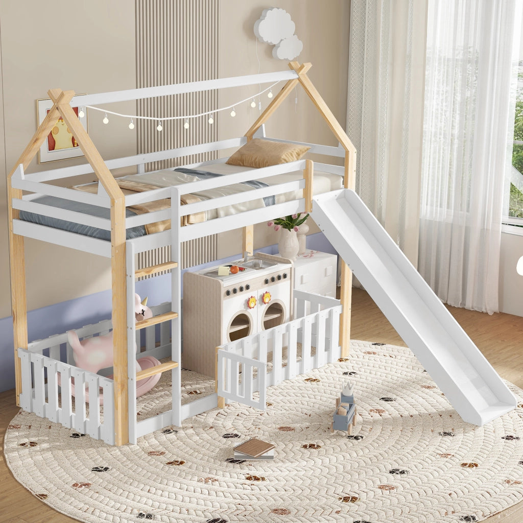 Letto a soppalco bambini con scivolo; struttura in pino e MDF; bianco e naturale; 90x200 cm