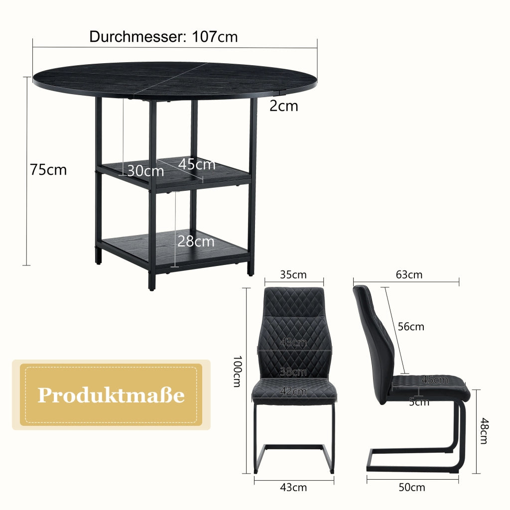 Set tavolo da pranzo rotondo con 2 sedie nere, doppio ripiano e seduta confortevole