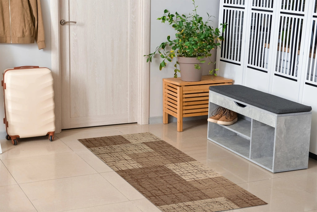 Tappeto Arredo Moderno Morbido in Ciniglia Ingresso Antiscivolo Prodotto Italiano  Soggiorno Camera Salotto Disegni Piazzati Cotone Varie Misure Grande Mondrian/Fango - 65x220 cm