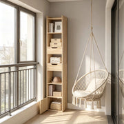 Libreria moderna in legno E1 con 6 ripiani, 2 cassetti e anta, colore rovere chiaro, 33x181x24 cm