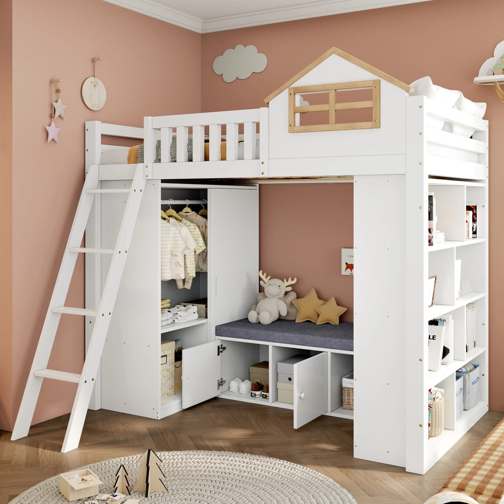 Letto a soppalco per bambini 90 × 200 cm con armadio scaffali panca contenitore in legno bianco e naturale