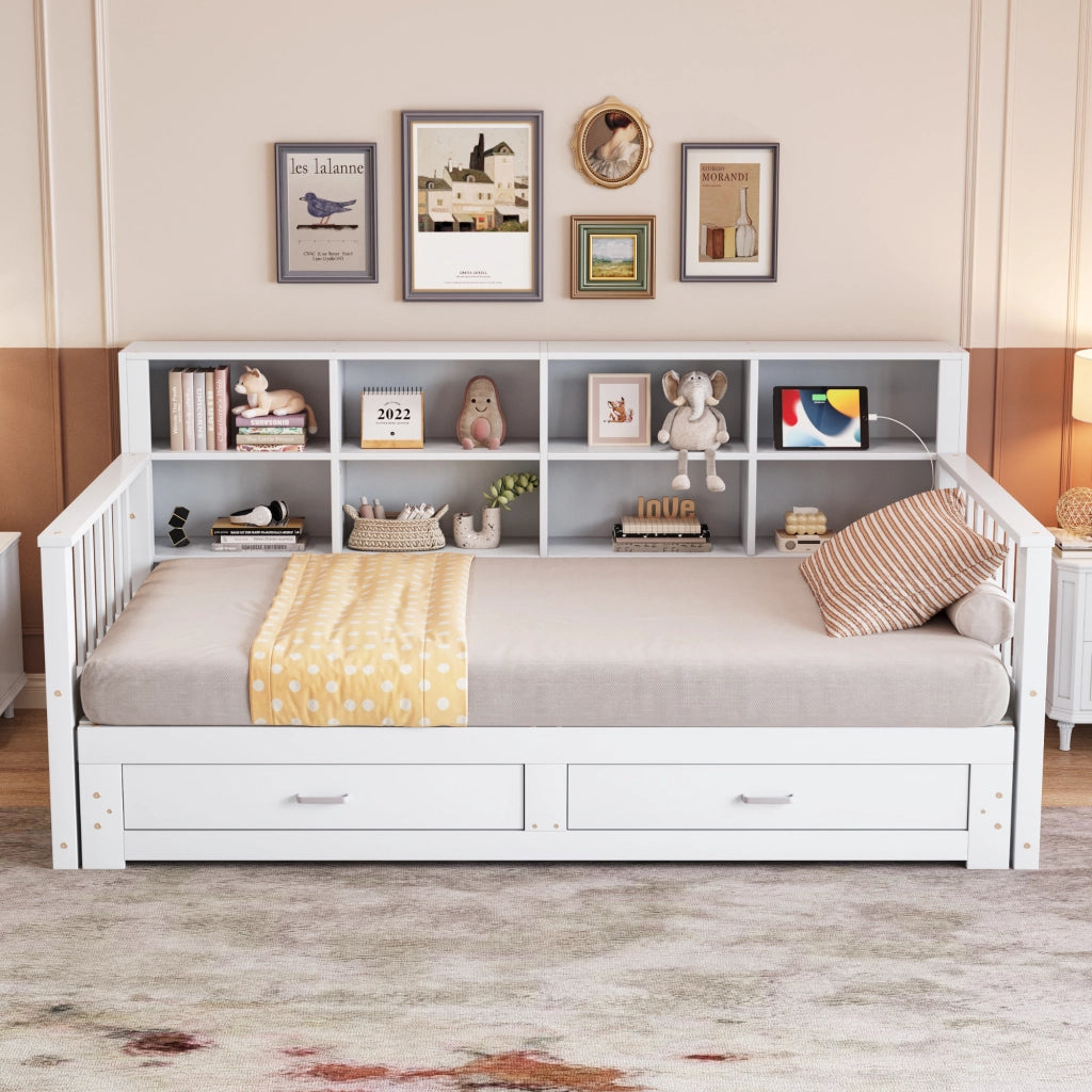 Letto divano estraibile 90×190 e 180×190 cm con 2 cassetti, mensole e presa, senza materasso, bianco in legno
