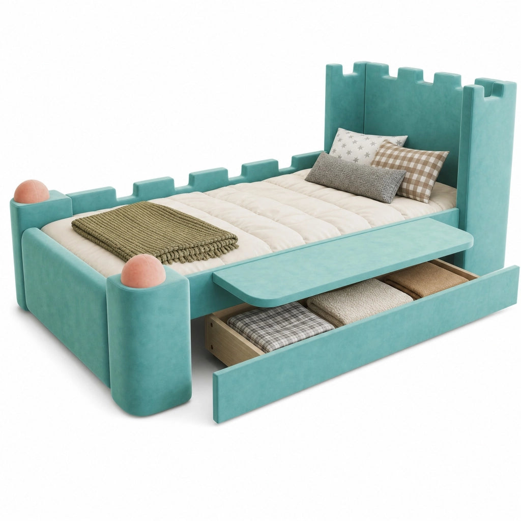Letto singolo 90 × 200 cm con cassetto estraibile e ripiano laterale pieghevole in velluto francese blu verde