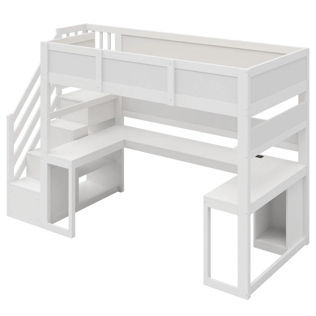 Letto a soppalco 90x200 cm con scrivania integrata e luci LED; bianco