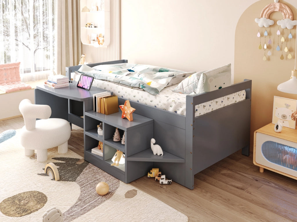 Letto multifunzionale per bambini 90 × 200 cm con scrivania contenitori prese USB gradini grigio in legno
