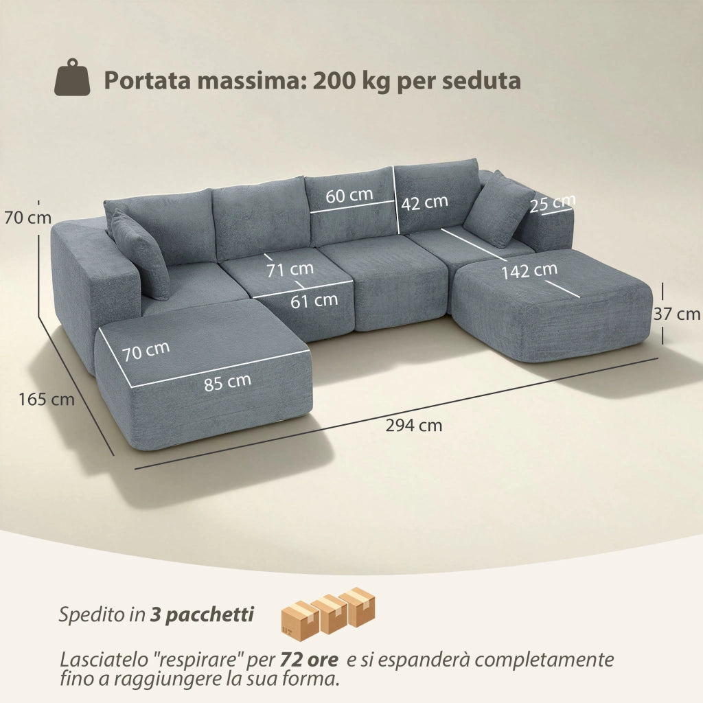 Divano Angolare Modulabile 3 Posti ¨C Xylo ¨C Tessuto Effetto Velluto Grigio Scuro 294x165x70 cm