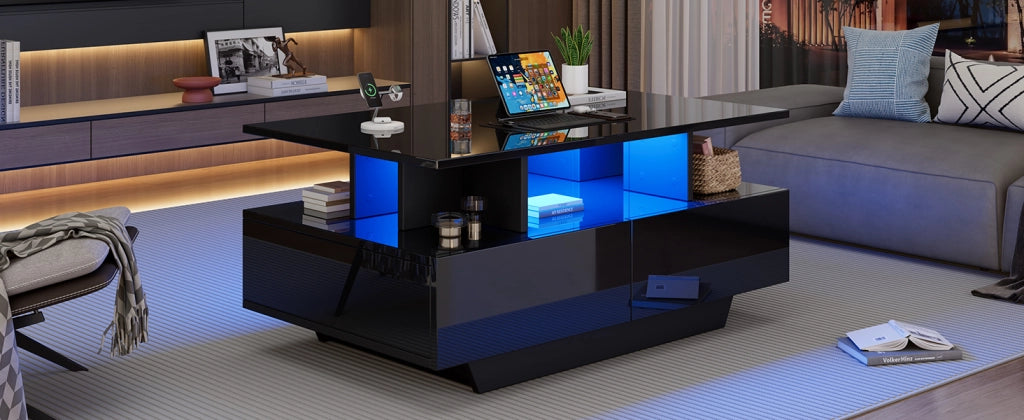 Tavolino moderno lucido 90x55x41 cm con illuminazione LED e 2 cassetti, portata 30 kg
