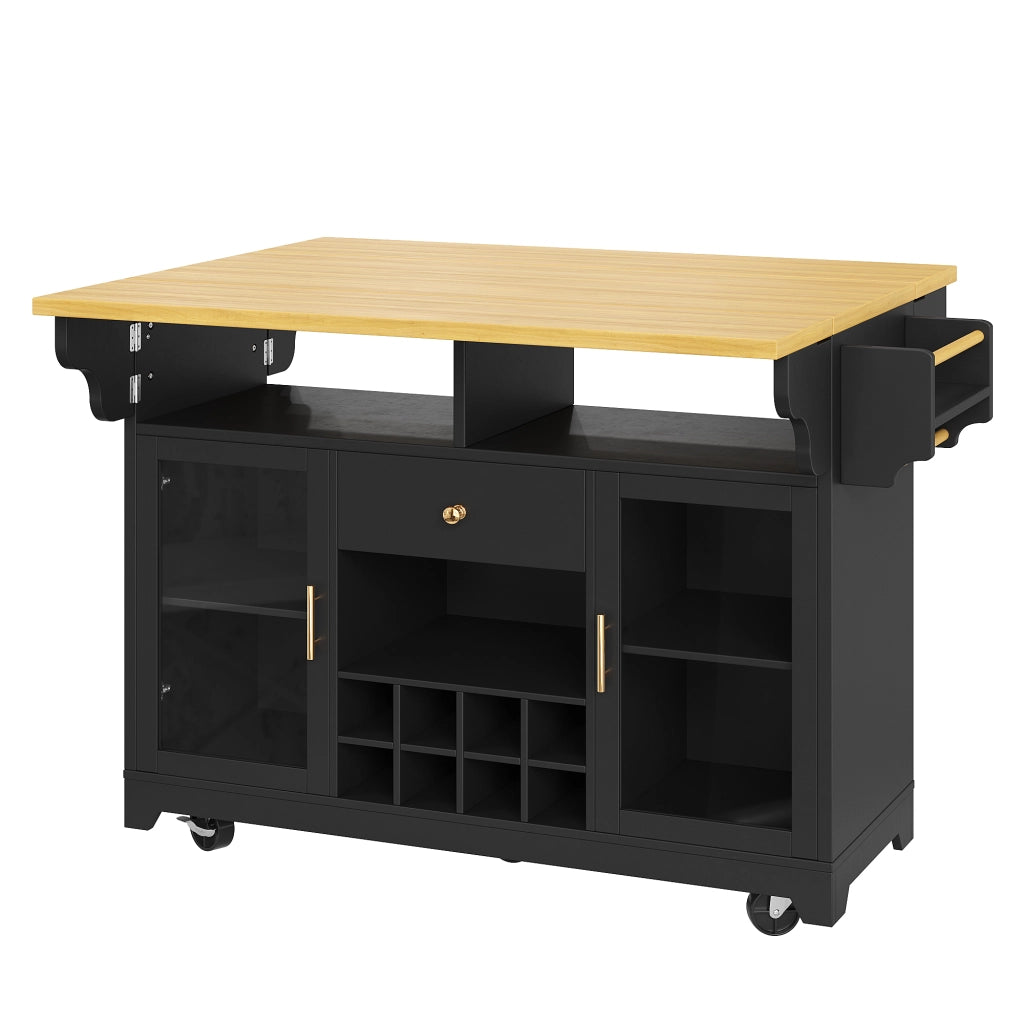 Carrello da cucina con ripiani regolabili, portabottiglie e piani pieghevoli, LED RGB, nero, 120 × 80 × 95 cm