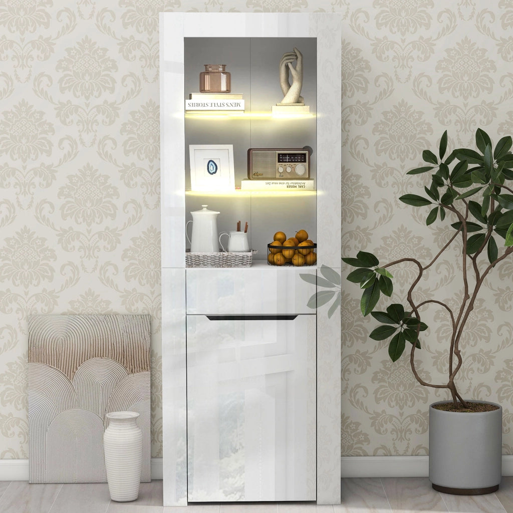 Vetrina Libreria con LED, 1 anta, 1 cassetto e 2 ripiani, per soggiorno o studio, bianco, 60 × 35.5 × 165 cm