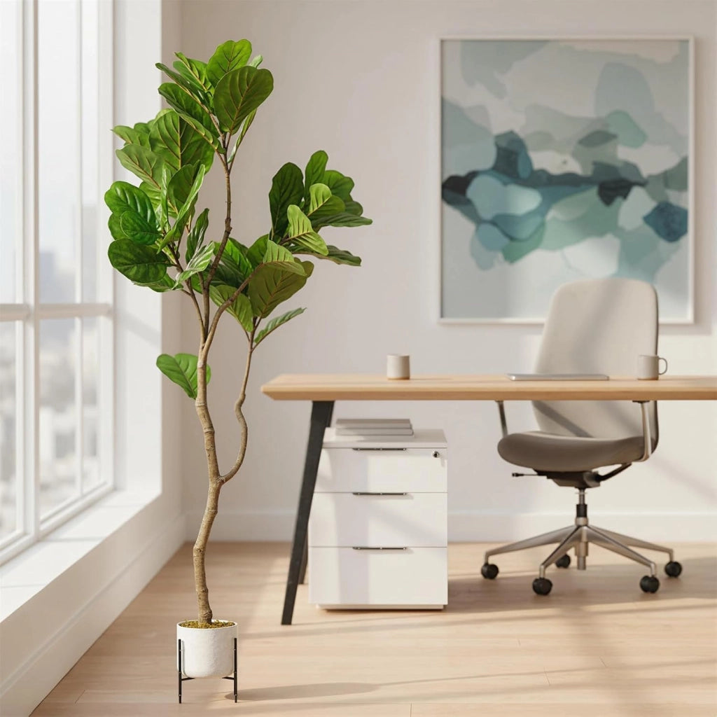 Ficus Lyrata Artificiale 155 cm con Foglie in PEVA e Vaso da Pavimento