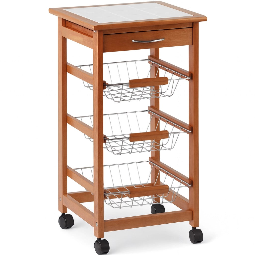 Carrello Cucina Legno Ciliegio 3 Cestelli Acciaio e Piano Ceramica Salvaspazio