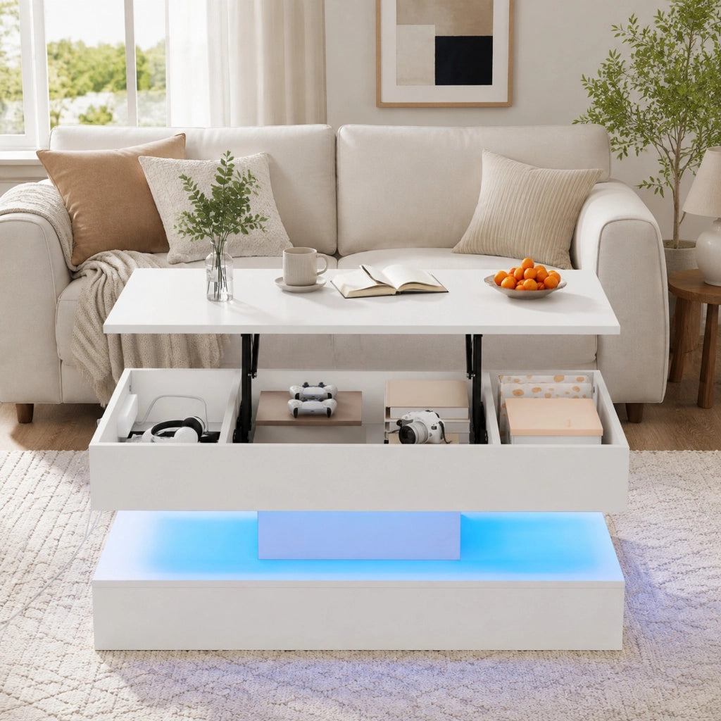 Tavolino da salotto sollevabile con LED; vano portaoggetti e prese EU 100x50x42 cm bianco