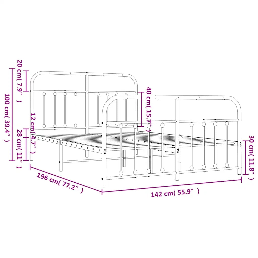 Letto matrimoniale | Letto per adulti | Giroletto con Testiera e Pediera Metallo Bianco 135x190 cm