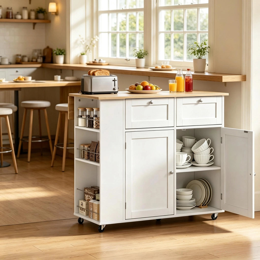 Credenza da cucina con 2 cassetti, 4 vani e ruote per cucina in metallo e truciolare bianco rovere chiaro