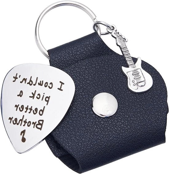Sostegno chitarra con holder per plettro, regalo con tema chitarristico in pelle, hanger per chiavi in acciaio inossidabile con incisione nera.