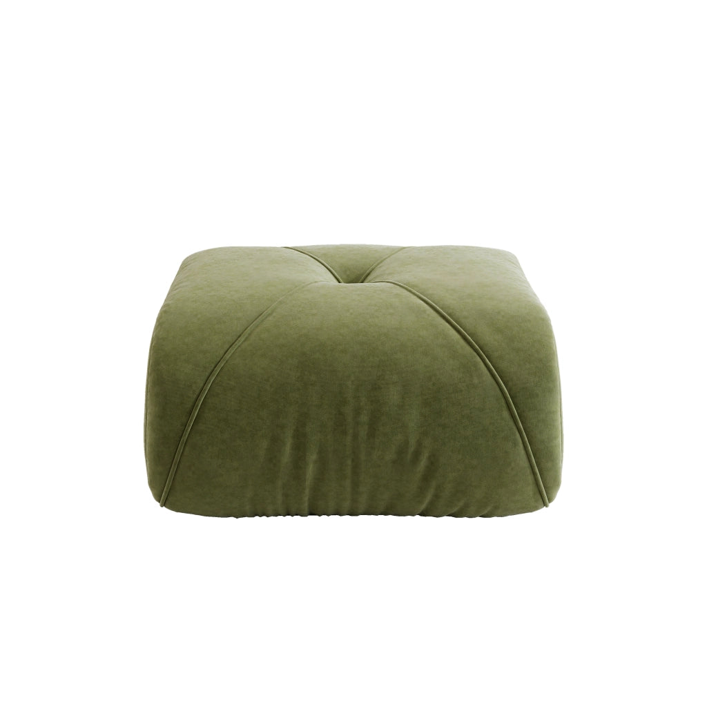 Divano modulare in chenille verde con design ergonomico e seduta profonda