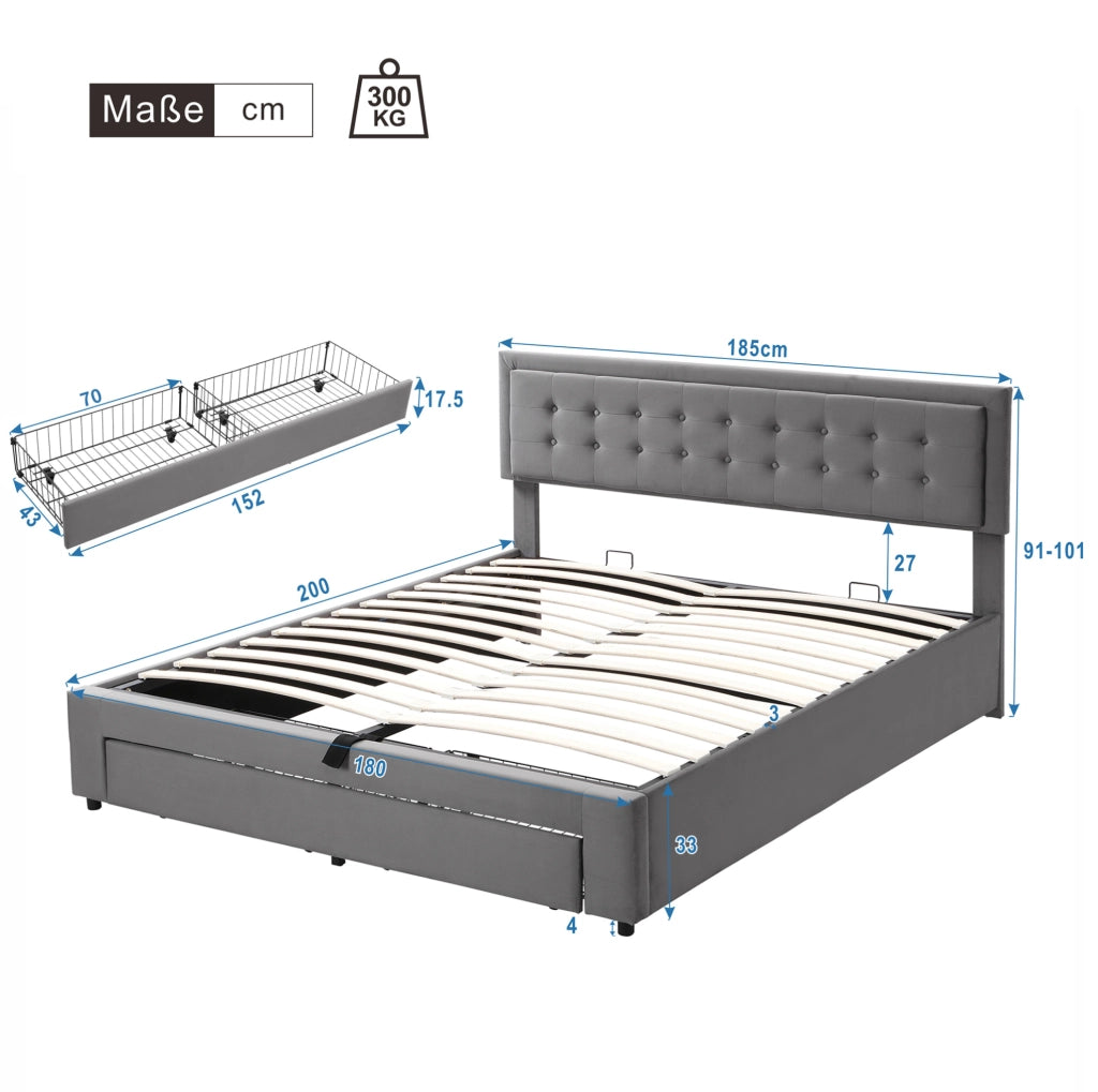 LETTO Contenitore 180x200 cm Velluto Grigio con Cassetti