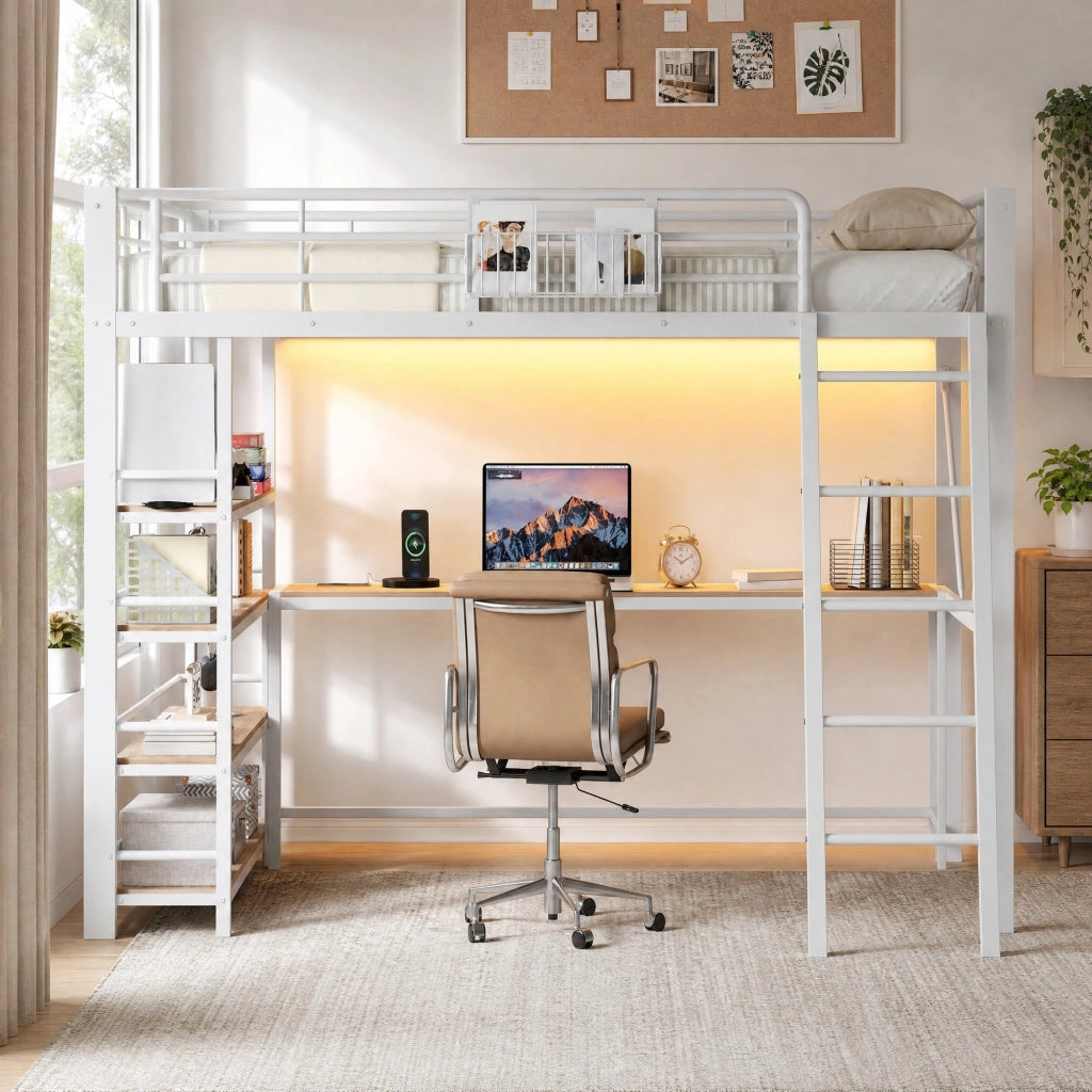 Letto a soppalco 140x200 cm con scrivania, LED e USB