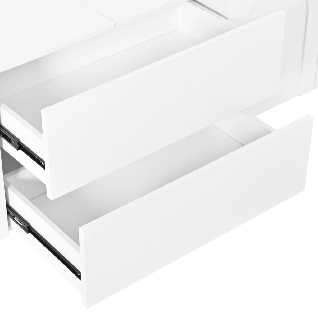 Mobile TV bianco con quattro ante arcuate, due cassetti e piedi in acciaio, 180x40x48 cm