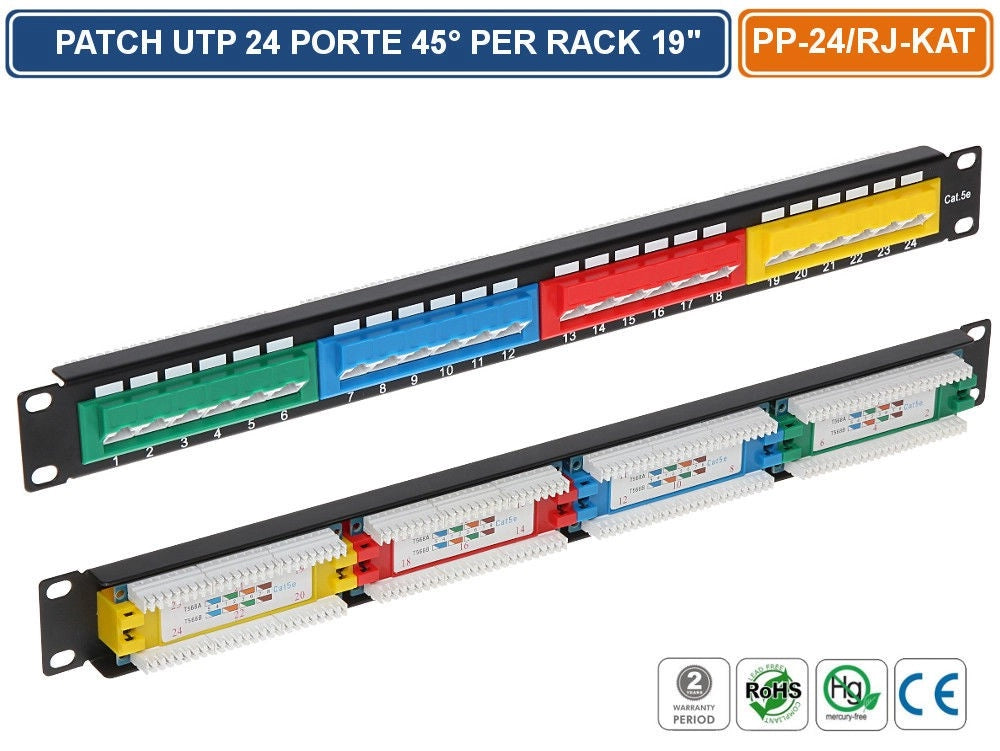 PANNELLO PATCH UTP 24 PORTE 45° PER ARMADIO RACK 19" 1U