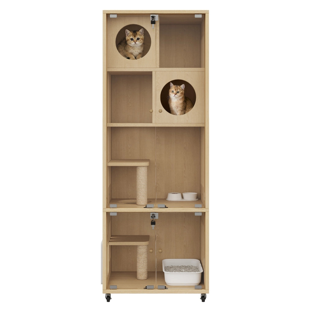 GABBIA PER GATTI Multilivello in MDF e Vetro Colore Naturale con Ruote